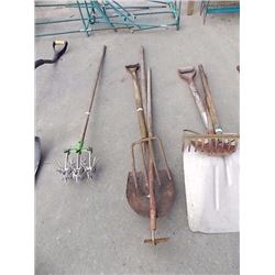 FORK, SHOVEL, HOE & 1 OTHER SHOVEL