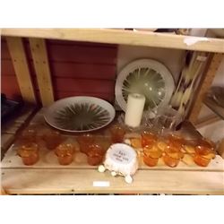 BOX OF AMBER GLASS, CANDLES & MORE
