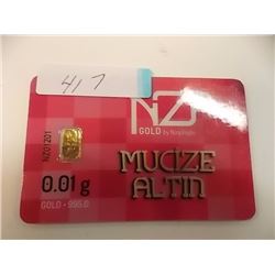 INVESTOR BAR - .995 GOLD 0.01 GRAM EACH - MINT SEALED BY NZP WITH SERIAL NUMBERED & CERTIFIED AUTHEN