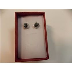 EARRINGS - EMERALD FACETED OCEAN BLUE MYSTIC TOPAZ & DIAMONDS IN STERLING SILVER SETTING - RETAIL ES