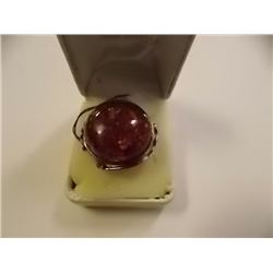 RING - LARGE & BOLD - 1" DIAMETER CENTER AMBER COLORED STONE - IN STERLING SILVER SETTING - SZ 8