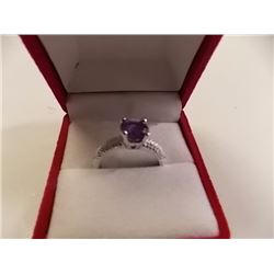 RING - ROUND FACETED PURPLE AMETHYST & 2 ROUND FACETED DIAMONDS IN STERLING SILVER SETTING - RETAIL 