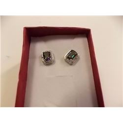 EARRINGS - EMERALD FACETED OCEAN BLUE MYSTIC TOPAZ & DIAMONDS IN STERLING SILVER SETTING - RETAIL ES