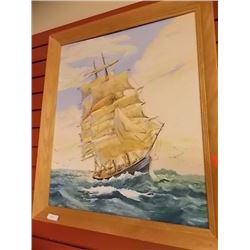 WOOD FRAMED PICTURE - TALL SHIP IN STORM - OIL ON CANVASS