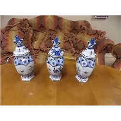 VINTAGE DELFT BLUE URNS - 3 TTL - as-is MARKED ON BASE