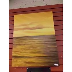 FRAMED OIL ON CANVASS - SUNSET OVER OCEAN