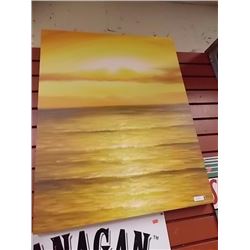 FRAMED OIL ON CANVASS - SUNSET OVER OCEAN