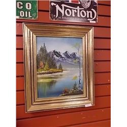 FRAMED OIL PICTURE - LAKE & MOUNTAINS