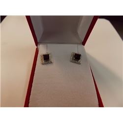 EARRINGS - NEW PRINCESS FACETED GARNET & 2 ROUND FACETED DIAMONDS IN STERLING SILVER SETTING - RETAI