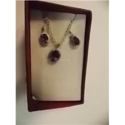 NECKLACE & EARRINGS - 3.45 CTWOVAL FACETED AMETHYST & DIAMONDS IN STERLING SILVER SETTING - INCLUDES