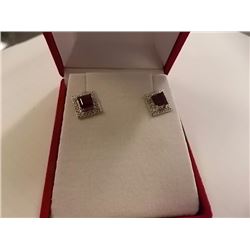 EARRINGS - NEW PRINCESS FACETED GARNET & 2 ROUND FACETED DIAMONDS IN STERLING SILVER SETTING - RETAI