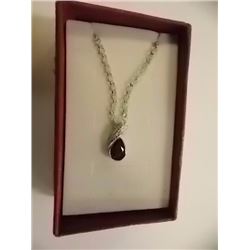 NECKLACE - 1.15CT PEAR FACETED GARNET & DIAMOND IN STERLING SILVER SETTING - BEZEL/PRESSURE SET - IN