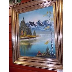 FRAMED OIL PICTURE - LAKE & MOUNTAINS