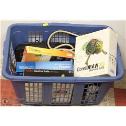 BIN OF ASST ITEMS INCL CORELDRAW X3, ADOBE