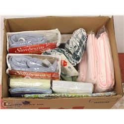 ESTATE BOX OF TABLE CLOTHS, TEA TOWELS, HEATED