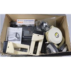 BOX W/ BOOM BOXES, VINTAGE HEADPHONES LIGHT & MORE