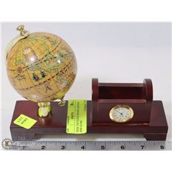 DESK TOP CLOCK WOOD CARVING AND GLOBE