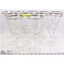 SET OF 11 SILVER RIM 9" TALL CRYSTAL WINE GLASSES