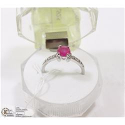 42-RED RUBY & CZ RING,925 STERLING SILVER