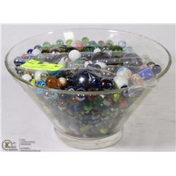 LARGE GLASS BOWL OF GLASS MARBLES &