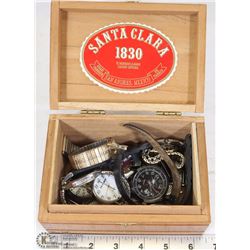CIGAR BOX OF MISC. WATCH PARTS INC. BULOVA, TIMEX