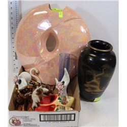 TWO DECORATIVE VASES WITH FLAT OF DECORATIVE ITEMS