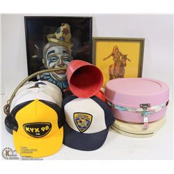 ESTATE BOX INCLUDING LAMP, HATS, PICTURES, AND