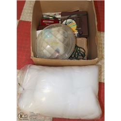 BOX OF CRAFTING/SEWING SUPPLIES INCLUDING, QUILT