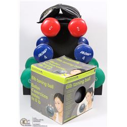 BOX OF EXERCISING ITES INCL DUMBBELLS, TONING BALL