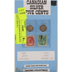 1901 & 1910 CANADIAN SILVER FIVE CENT COINS W/ 2