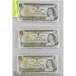 LOT OF THREE 1973 CANADIAN $1.00 BANK NOTES