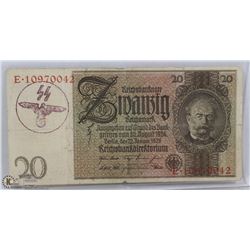 GERMAN 20 MARKS STAMPED WAFFEN SS