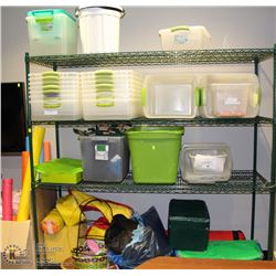 4 RACKS OF ASSORTED SUPPLIES, BINS AND MORE