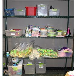 4 RACKS OF ASSORTED PARTY SUPPLIES, BINS AND MORE