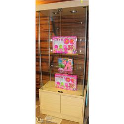 WOOD & GLASS DISPLAY CABINET WITH CONTENTS