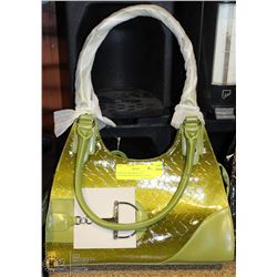 GREEN SNAKESKIN STYLE HANDBAG WITH STIRUP ACCENT