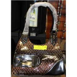 BROWN SNAKESKIN STYLE HANDBAG WITH STIRUP ACCENT