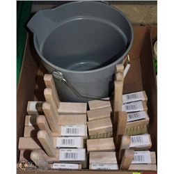 BOX OF WOOD HAND BROOMS WITH BUCKET