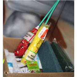 BOX W/ DUSTERS, GREEN SCRUBBIES, AND MORE