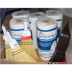 BOX W/ STRAW HAND BROOMS, DUST PAN, AND PAPERTOWEL