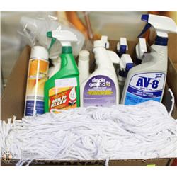 BOX OF ASST CLEANERS AND MOP HEADS