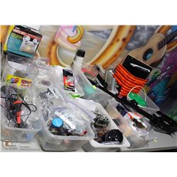 TABLE TOP FULL OF ASST PARTS, MECHANISMS, LIGHTS