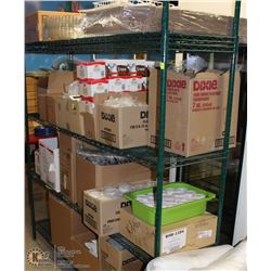 4 SHELVES OF ASST KITCHEN SUPPLIES INCL CUPS, LIDS