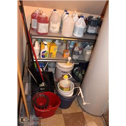 LOT OF ASSORTED CLEANING SUPPLIES INCL BROOMS, MOP