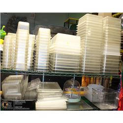 SHELF OF PLASTIC INSERTS W/ LIDS IN ASST SIZES