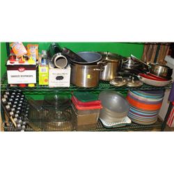 LOT OF ASST POTS & PANS, BOWLS, TRAYS AND MORE