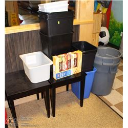 LOT OF 2 BLACK END TABLES AND SEVERAL GARBAGE BINS