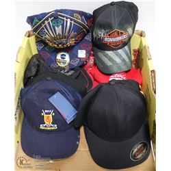 FLAT W/8 NEW BASEBALL CAPS & A 6-BEER