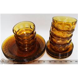 20 VINTAGE AMBER DISHES INCL PLATES, STAMPED