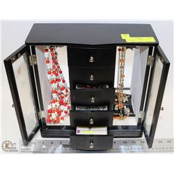 BLACK JEWELLERY BOX W/ CONTENTS